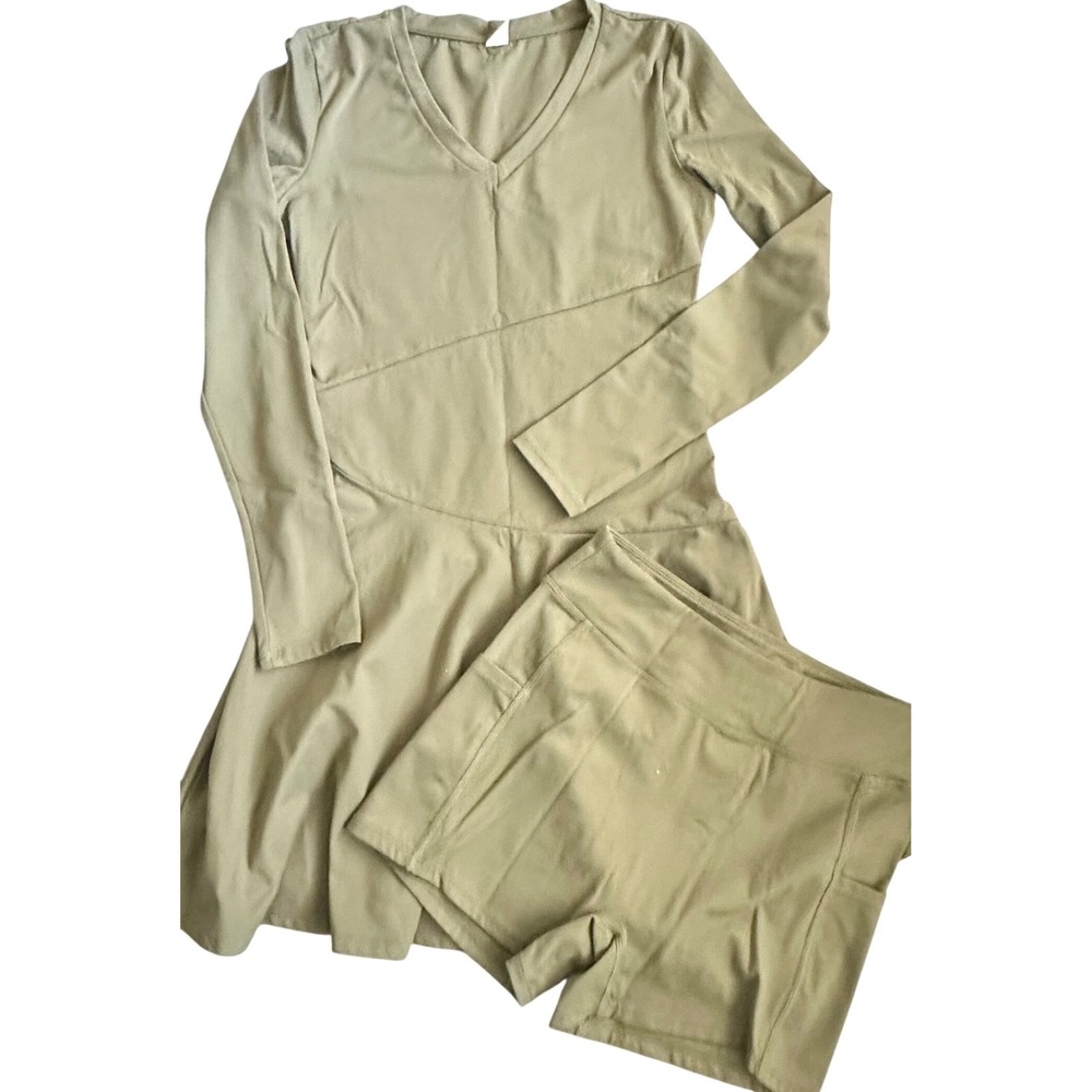 Halara Olive Green Long Sleeve Athletic Dress and Pocket Shorts Set XS